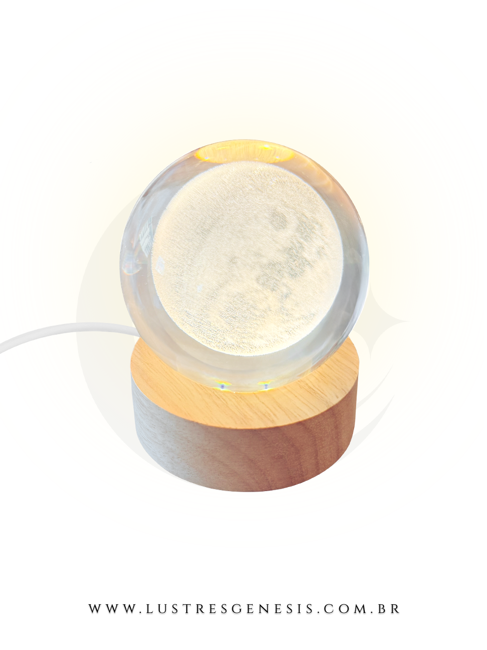 Abajur de Madeira e Cristal Lua 3D USB